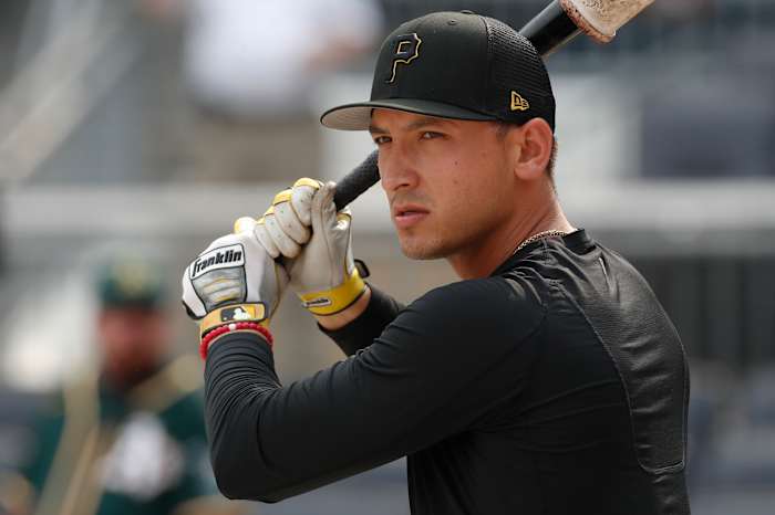 Pittsburgh Pirates infielder Mark Mathias at the batting cage before the game against the Oakland Athletics at PNC Park. (2023)